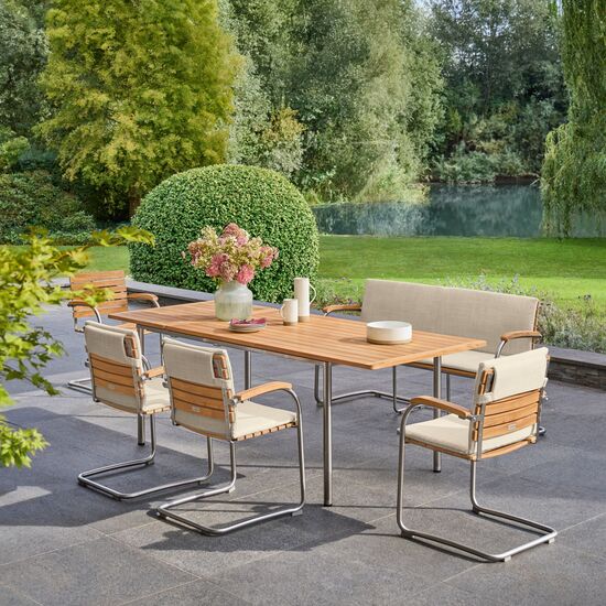 Stół rozkładany Portland, stal nierdzewna, 165-225 x 90, blat z teaku