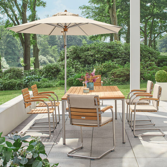 Stół rozkładany Portland, stal nierdzewna, 165-225 x 90, blat z teaku