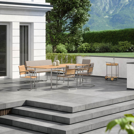 Stół rozkładany Portland, stal nierdzewna, 165-225 x 90, blat z teaku