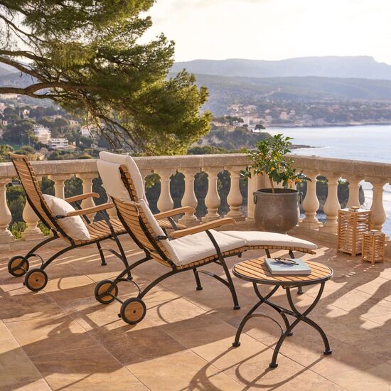 Stolik pomocniczy Fontenay, okrągły, niski, składany, z listew teakowych