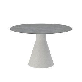 Stół Namur na pojedynczej nodze, lekki beton, okrągły 120, blat z ceramiki kamionkowej